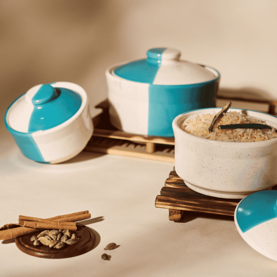 Khurja Pottery Donga – 3 Piece Set (White & Green, 6.5")