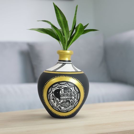 SARAS Aajeevika Handcrafted Flower Vase – Black Terracotta Pottery with Madhubani Art (6.3")