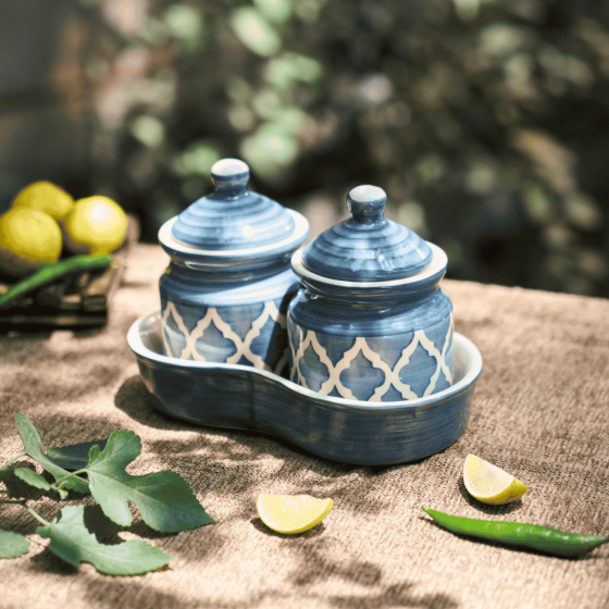 Khurja Pottery Jar + Tray Grey 2+1| Hand painted | Kitchen ware | Home Décor | Grey