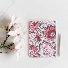 Handcrafted Diary Notepad &ndash; White Base with Pink Floral Print | 6x9 Inches | Eco-Friendly Stationery by SHG Artisans