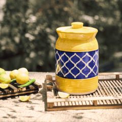 Khurja Pottery Pickle Jar &ndash; Yellow with Blue Lining, 7.5 Inches