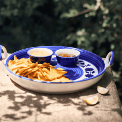 Khurja Pottery Pizza Platter White and Blue Leaf Big | Ceramic Tableware | Handmade pizza platter