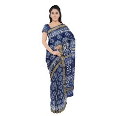 Katan Silk Saree Block Print Blue || Saree 1.10m x 5.5m, Blouse 80cm x 110cm || Saras Aajeevika