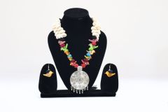 Handcrafted Shell Pendant Necklace & Earring Set with Red Dori | Ethnic Coastal Charm
