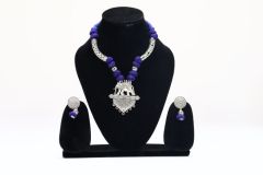 Silver-Toned Necklace with Pipe Beads & Blue Thread Dori | Handcrafted Elegance