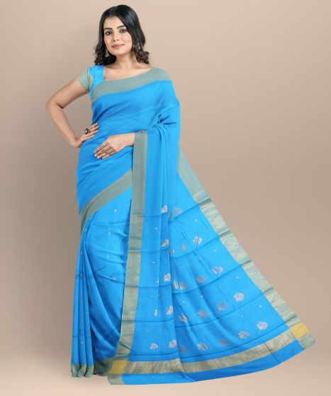 Chanderi Shoulder Pallu || Silk Cotton Royal Blue || 6.5 Mtr || Saras Aajeevika