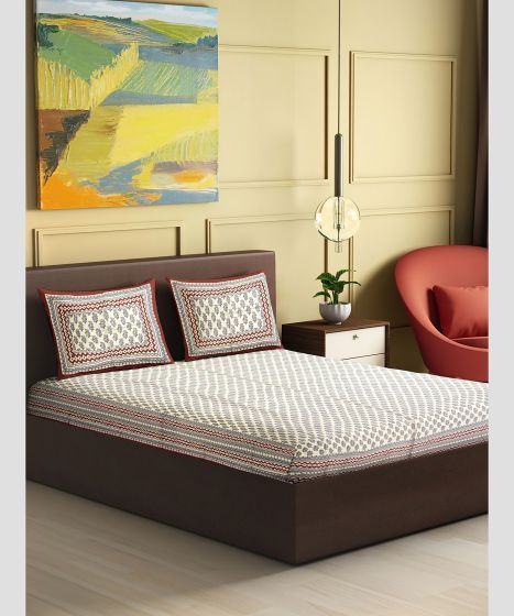 Bedsheet With Pillow Cover Block Print Brown Border Brown Line 90 X 108 Inch