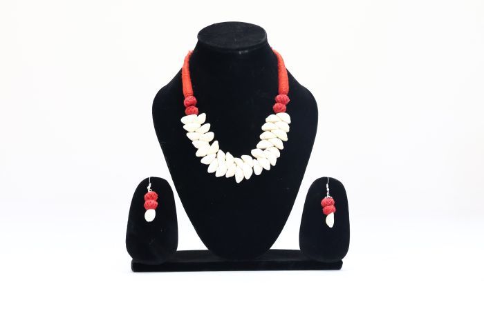 Handcrafted Shell Circle Necklace & Earring Set with Red Dori | Ethnic Coastal Elegance